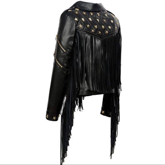 Fringe Rivets Faux Leather Biker Leather Jacket - Picture 3 of 7